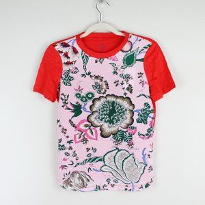 NWT Tory Burch Silk Front Linen Floral Tee, XS, Red, NWT, Crewneck, Short Sleeve